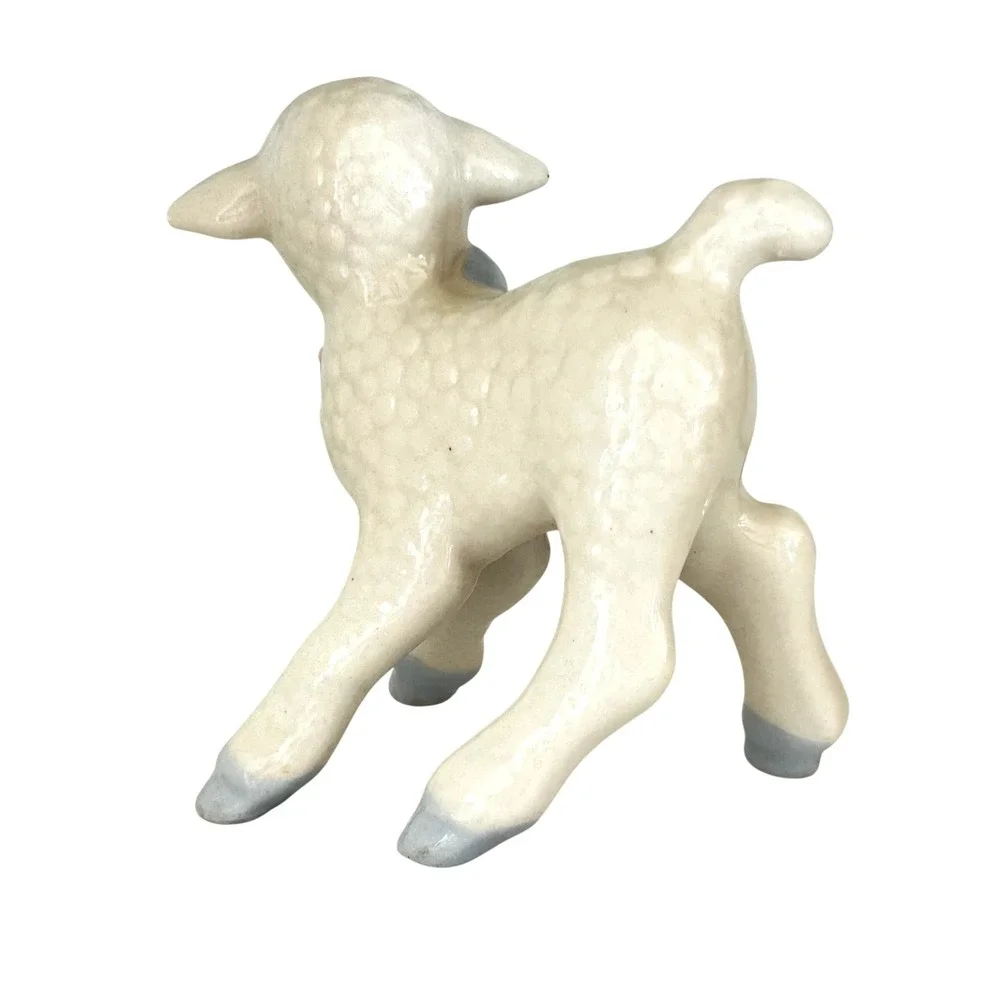 Vintage Ceramic Lamb Figurine Pink Roses Blue Bow Sleeping Eyes Sheep Kitschy